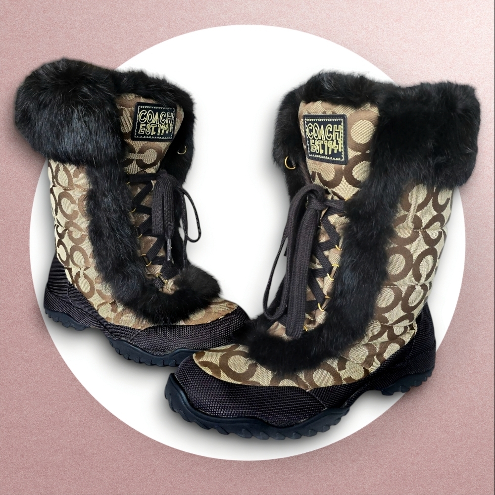 NWOT Coach Jennie Signature Fur Winter Snow Boots Brown Monogram Cozy Luxe Sz 8 - Picture 6 of 14